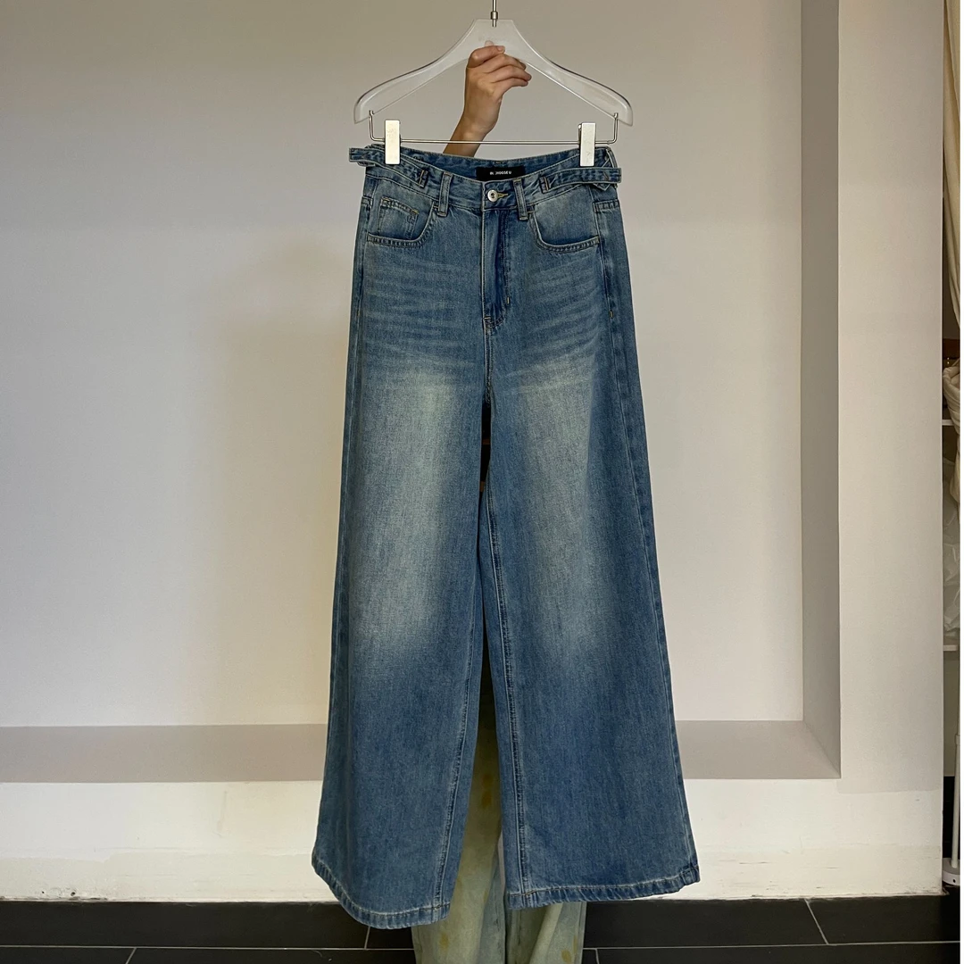 【清】IN choose u笑笑家2025秋季复古做旧水洗高腰阔腿牛仔裤85623