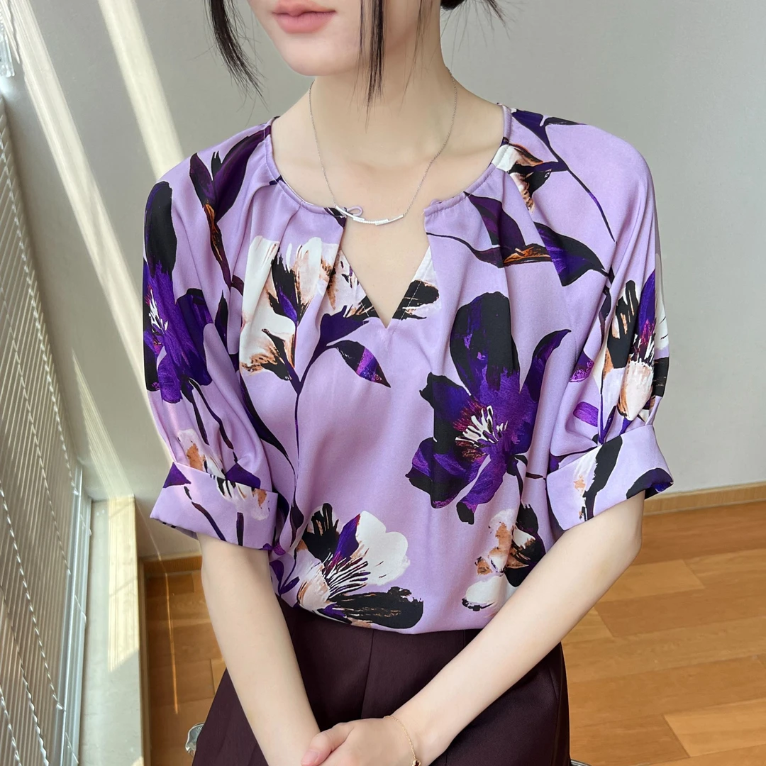 【亿棋匠心】亿棋夏季新款高定桑蚕丝香芋紫短袖宽松时尚气质