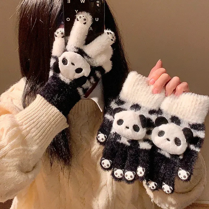 手套女冬季新款高颜值可爱卡通熊猫五指少女学生骑车保暖防寒分指