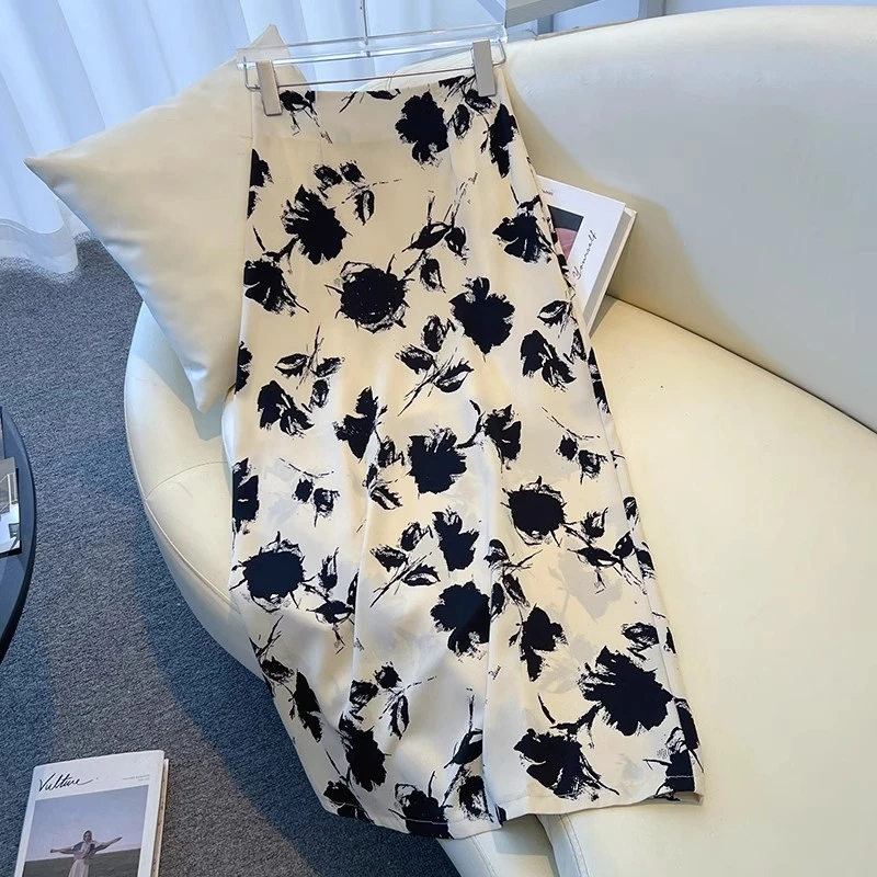 拉夏贝尔雪纺a字直筒包臀裙女夏2025新款高腰显瘦气质碎花半身裙