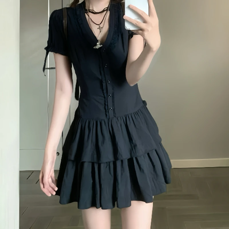 小个子蓝色蕾丝边v领短袖连衣裙子女夏季2025新款收腰a字蛋糕短裙