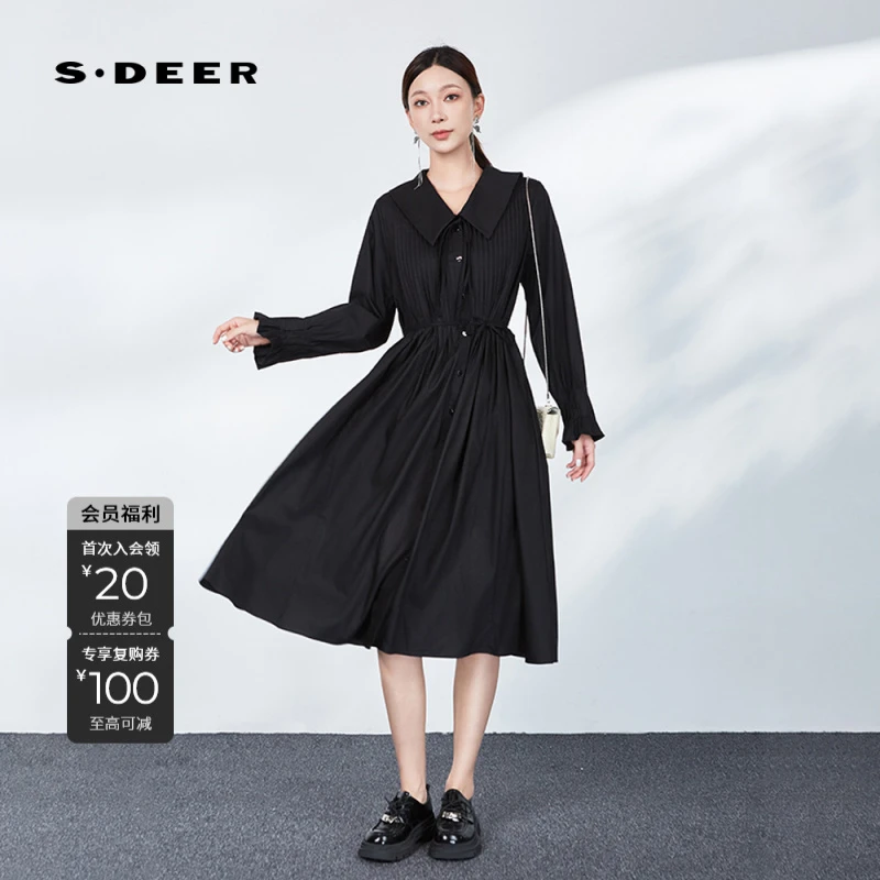 S·DEER圣迪奥女装轻奢时尚黑色长款收腰修身雅丹风小香风连衣裙