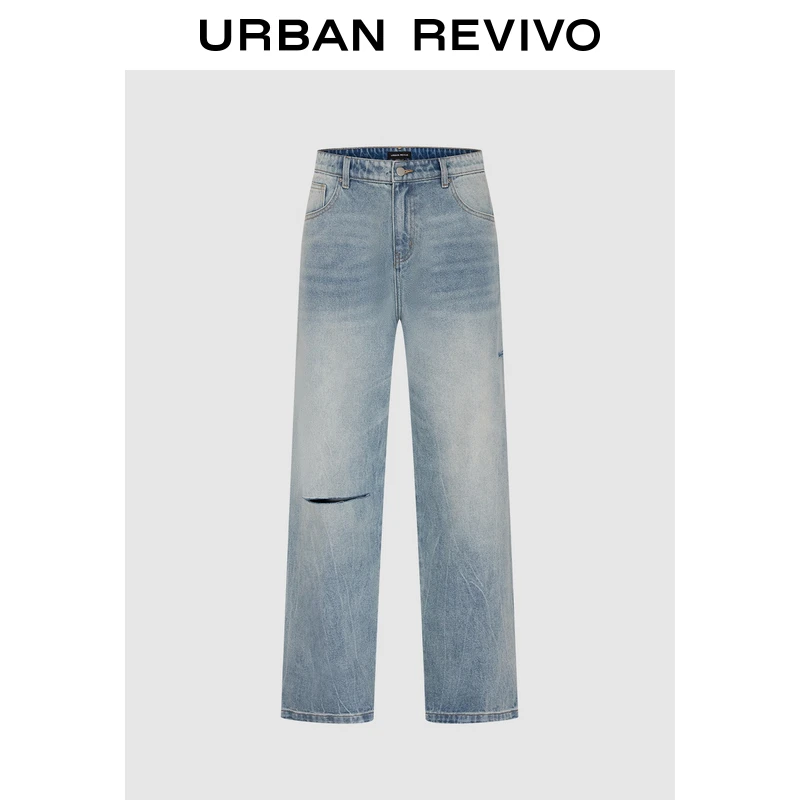 UR2025夏季新款男装潮流休闲百搭破洞阔腿牛仔长裤UMM850045
