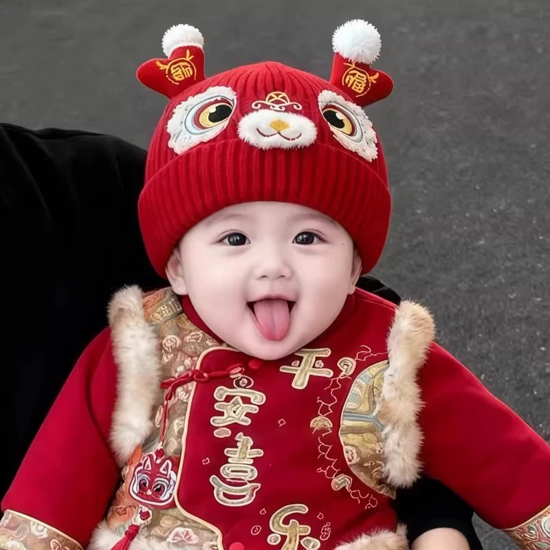 秋冬季宝宝针织毛线帽子可爱百搭外出保暖帽男女婴幼儿红色新年帽