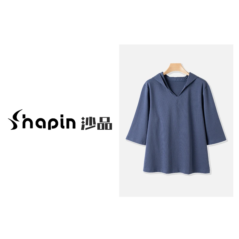 简约V领连帽中袖T恤春夏纯色休闲宽松百搭上衣女LY5808