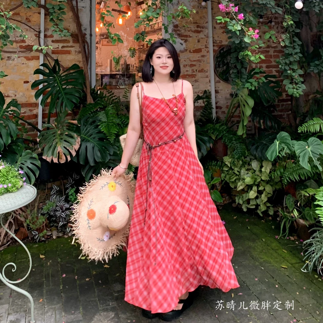 现货【贝微微】夏季复古红色格子高腰显瘦A字吊带连衣裙-S1232