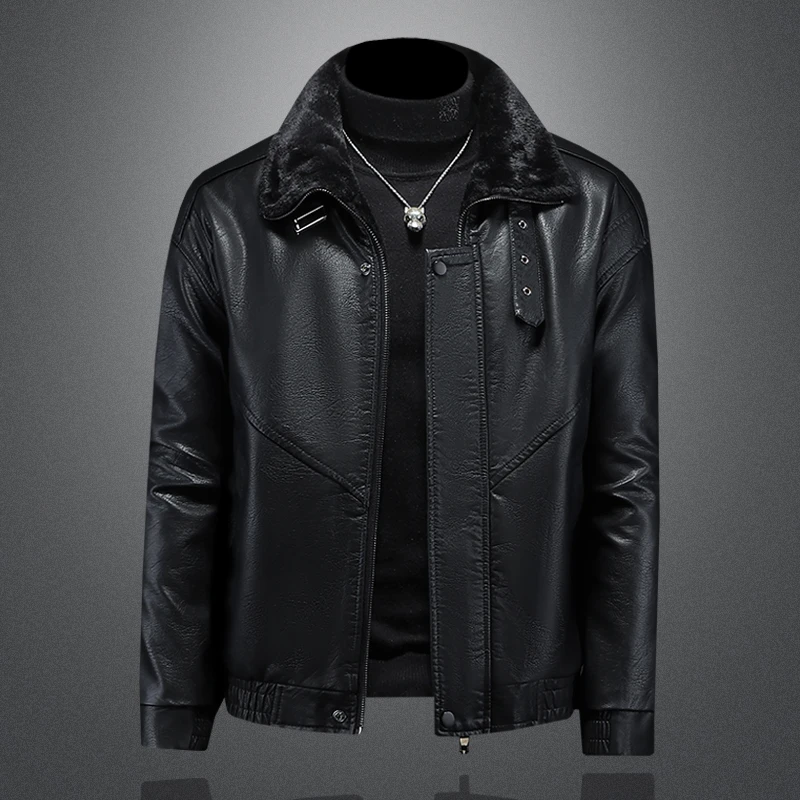 利尼科比利加厚皮衣外套冬季机车服翻领休闲皮毛一体加厚男士夹克