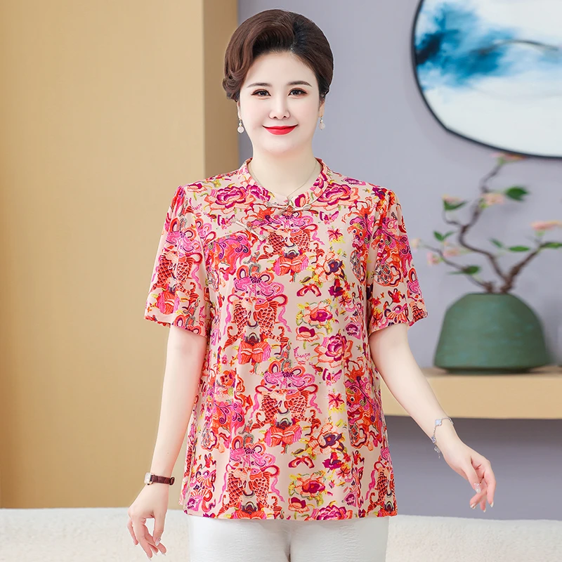 立领洋气翻领衬衫夏季碎花中老年女装时尚中国风休闲妈妈装中年
