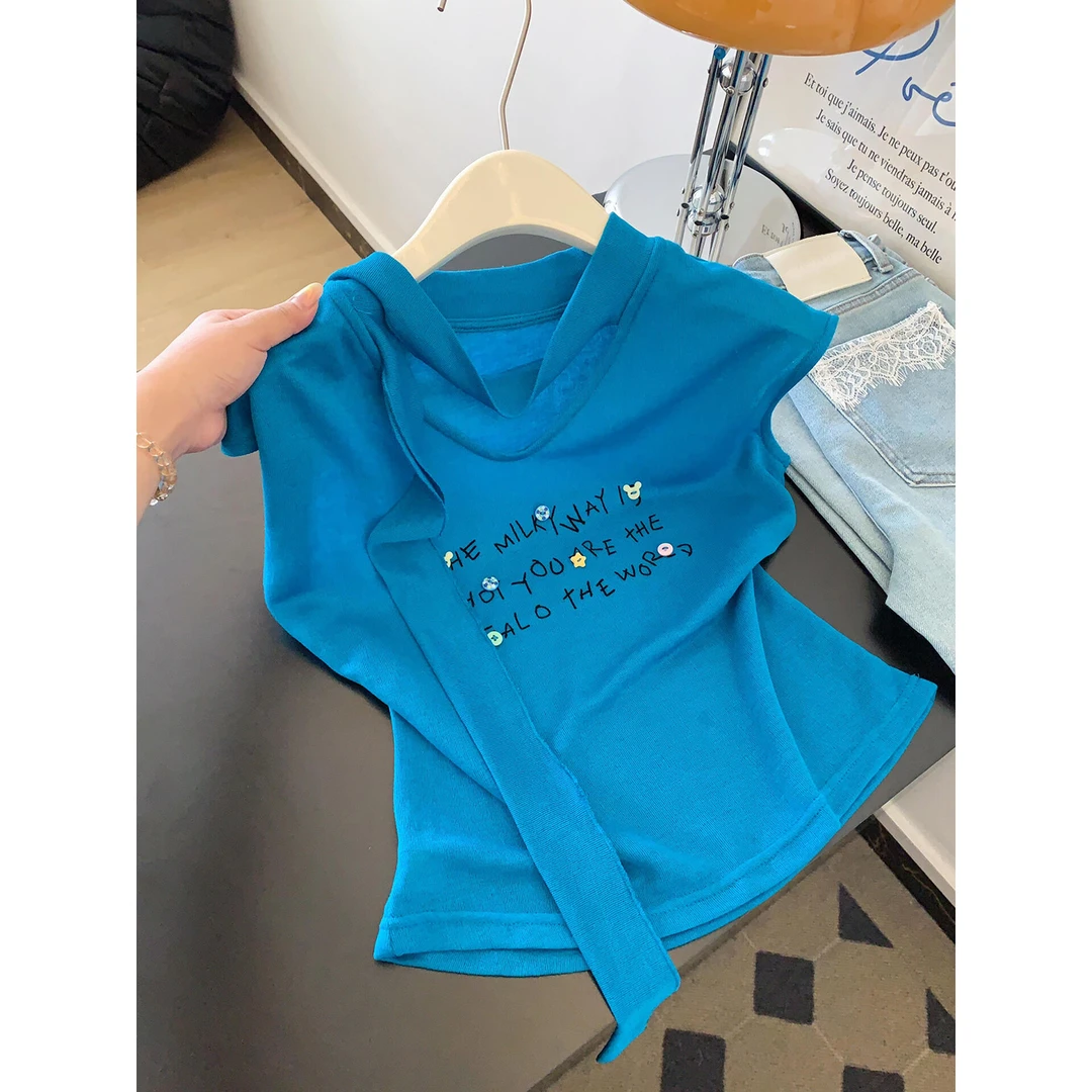 蓝色正肩字母印花飘带短袖T恤女2025夏季新款韩里韩气的穿搭上衣