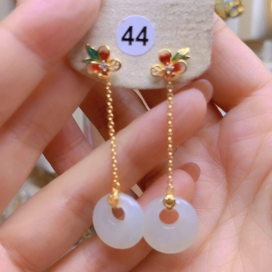 和田玉银S925镀金镶嵌耳饰