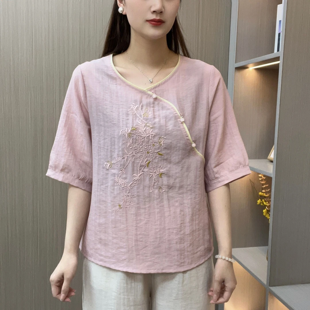 2025新款夏季时尚百搭休闲气质重工刺绣五分袖上衣宽松