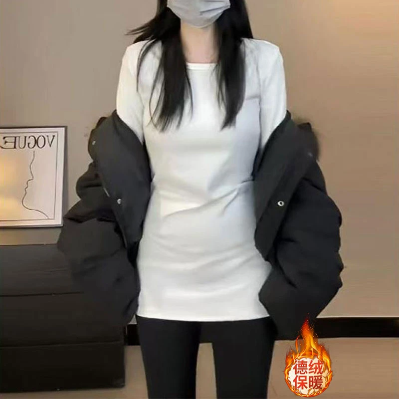 德绒磨毛正肩长袖T恤女秋冬款圆领修身收腰鲨鱼裤专用上衣长款