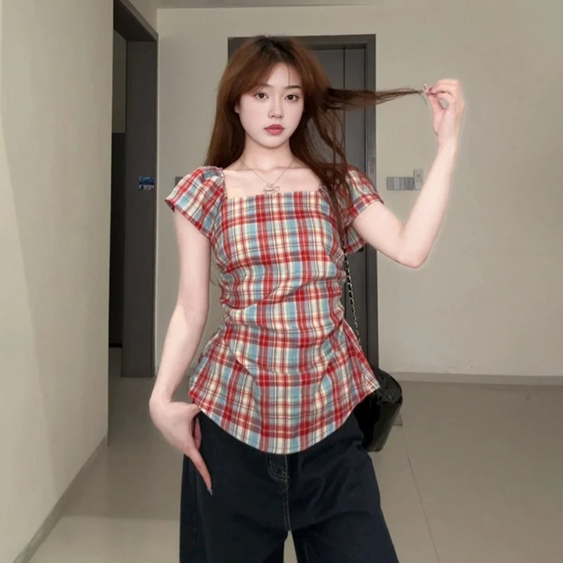 大码胖mm纯欲风一字肩格纹衬衫女2025夏季新款收腰显瘦甜辣妹上衣
