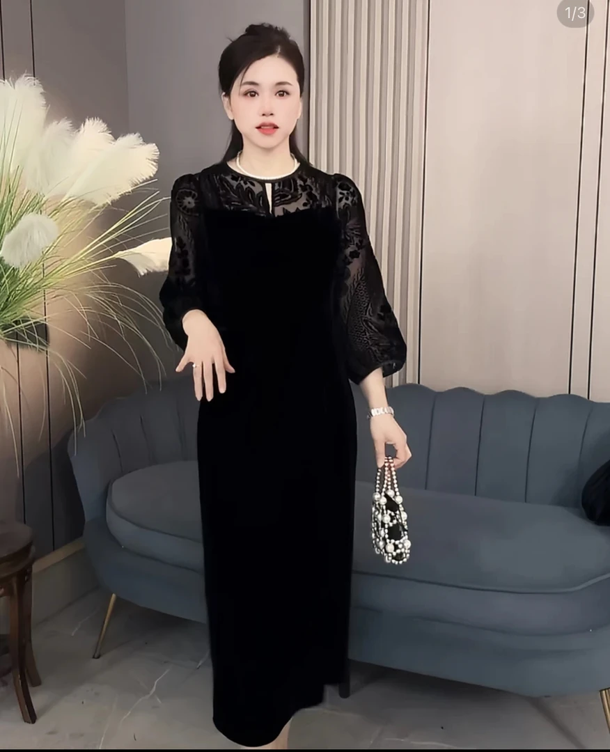 圆领显瘦套头烧花防晒连衣裙拼接丝绒夏季2025新款