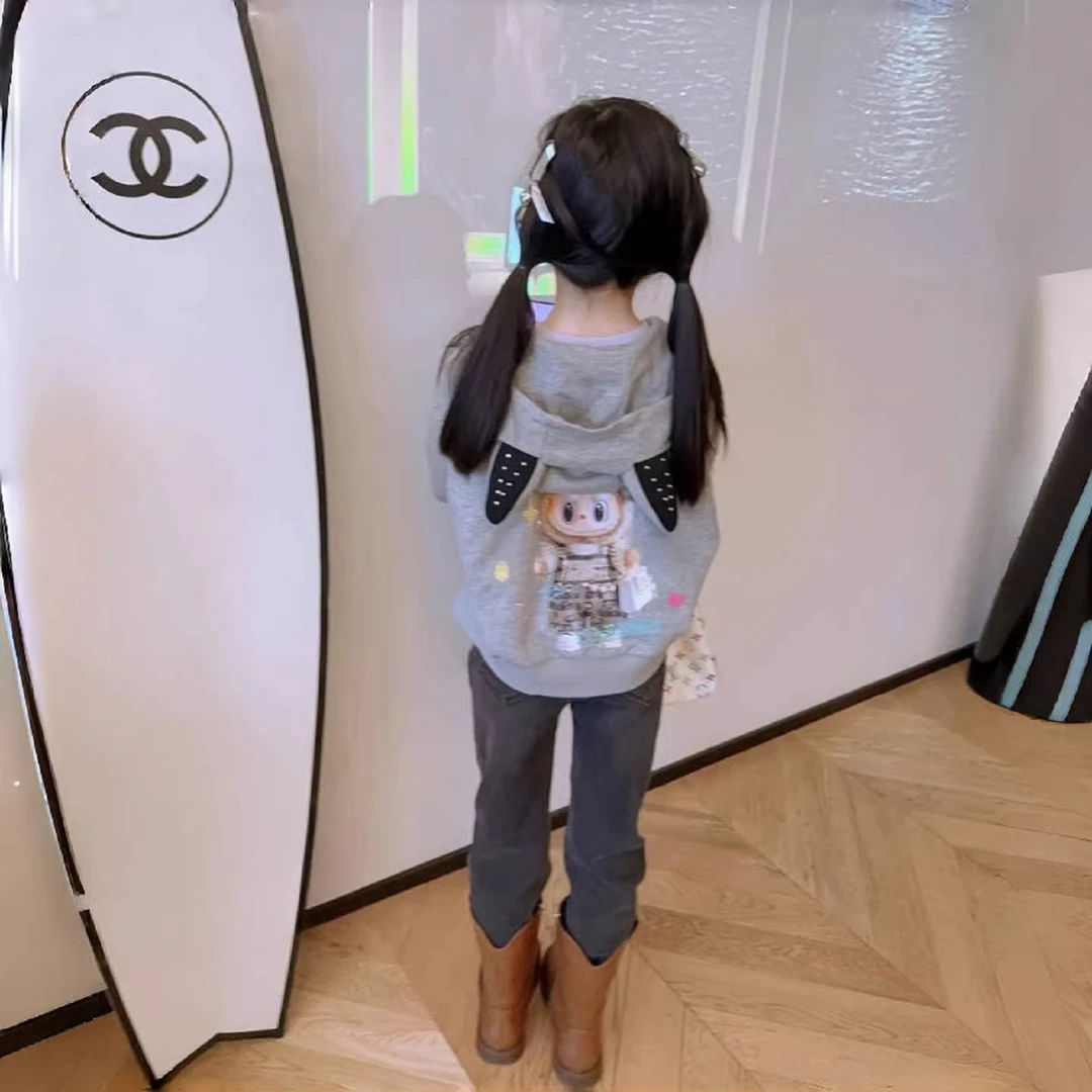 女童外套春秋洋气2025新款儿童小恶魔连帽开衫卫衣女孩拉布布上衣