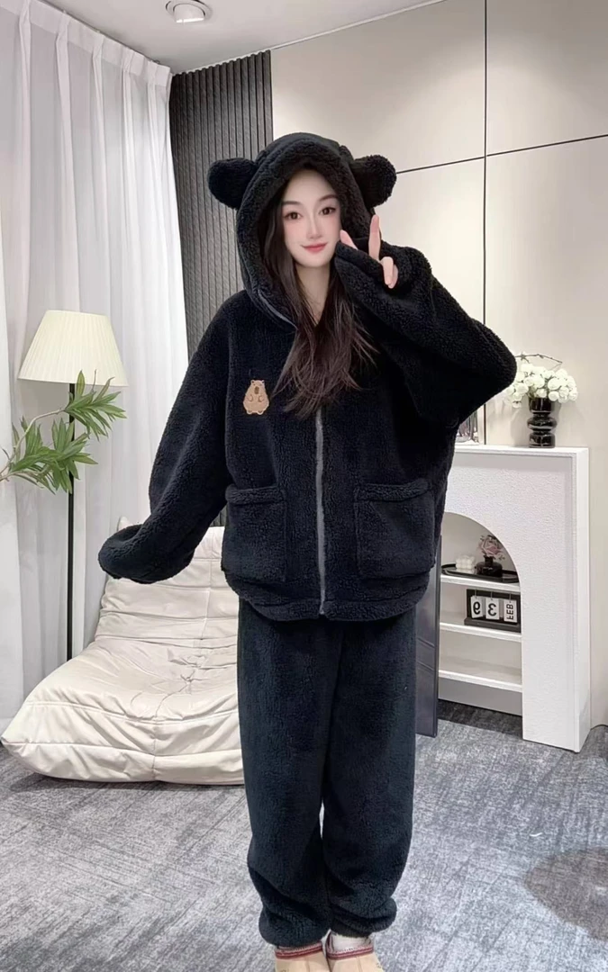 【加厚北羔绒】冬季睡衣女加绒保暖宽松大码套装家居月子服可外穿