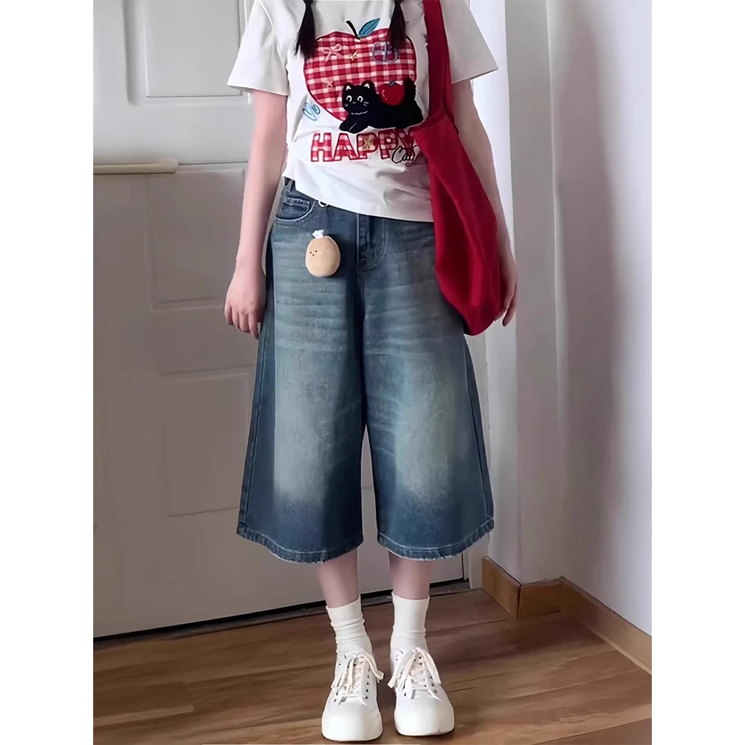梨型身材蓝色牛仔短裤女夏季薄款胖妹妹mm高腰宽松显瘦阔腿七分裤