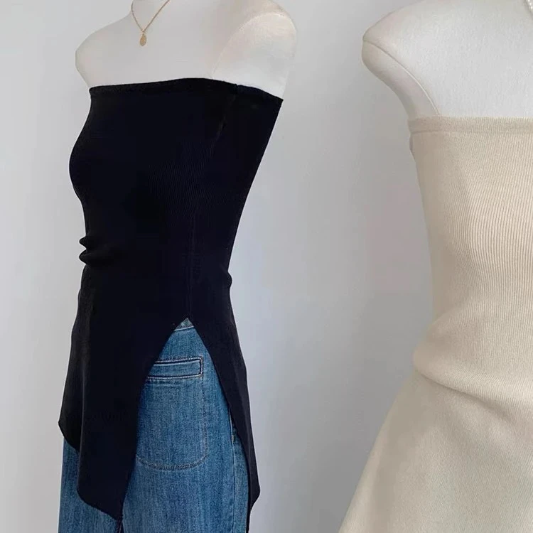 法式修身显瘦抹胸背心女夏季外穿无袖开叉上衣潮