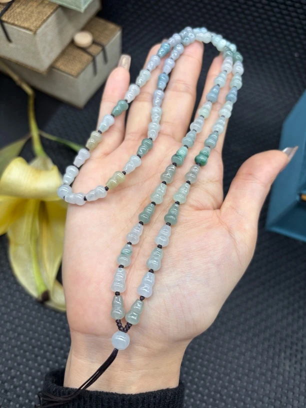 福利缅甸a货翡翠冰种马卡龙色多宝葫芦5.6mm玉石挂件绳毛衣链项链