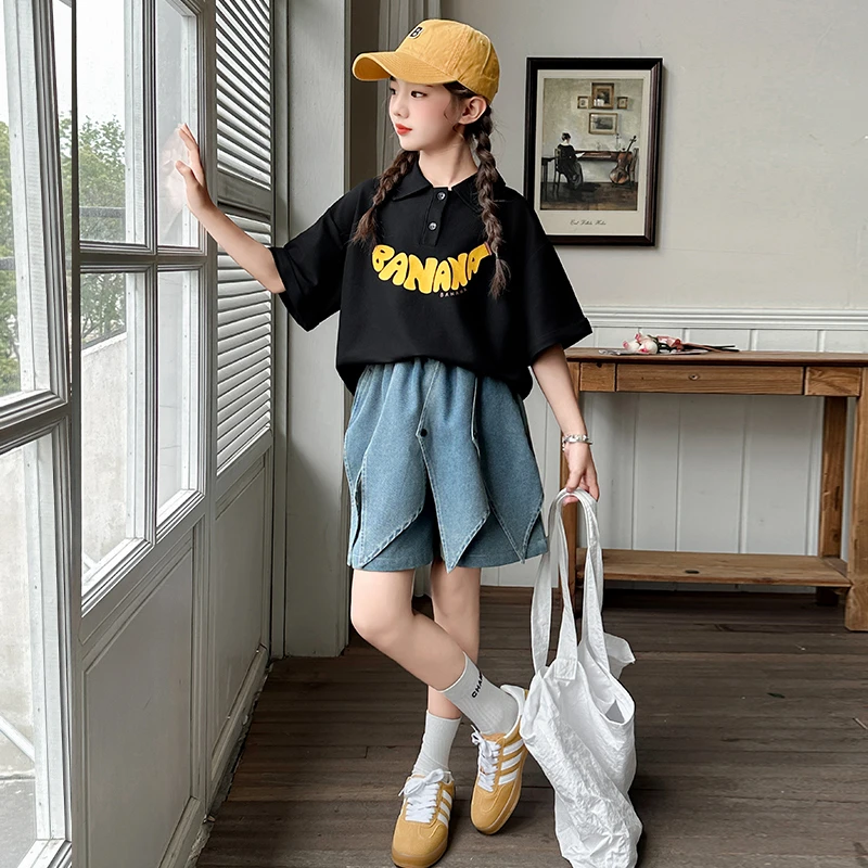 女童套装夏款儿童洋气时尚夏装中大童女孩夏季短袖牛仔短裤两件套