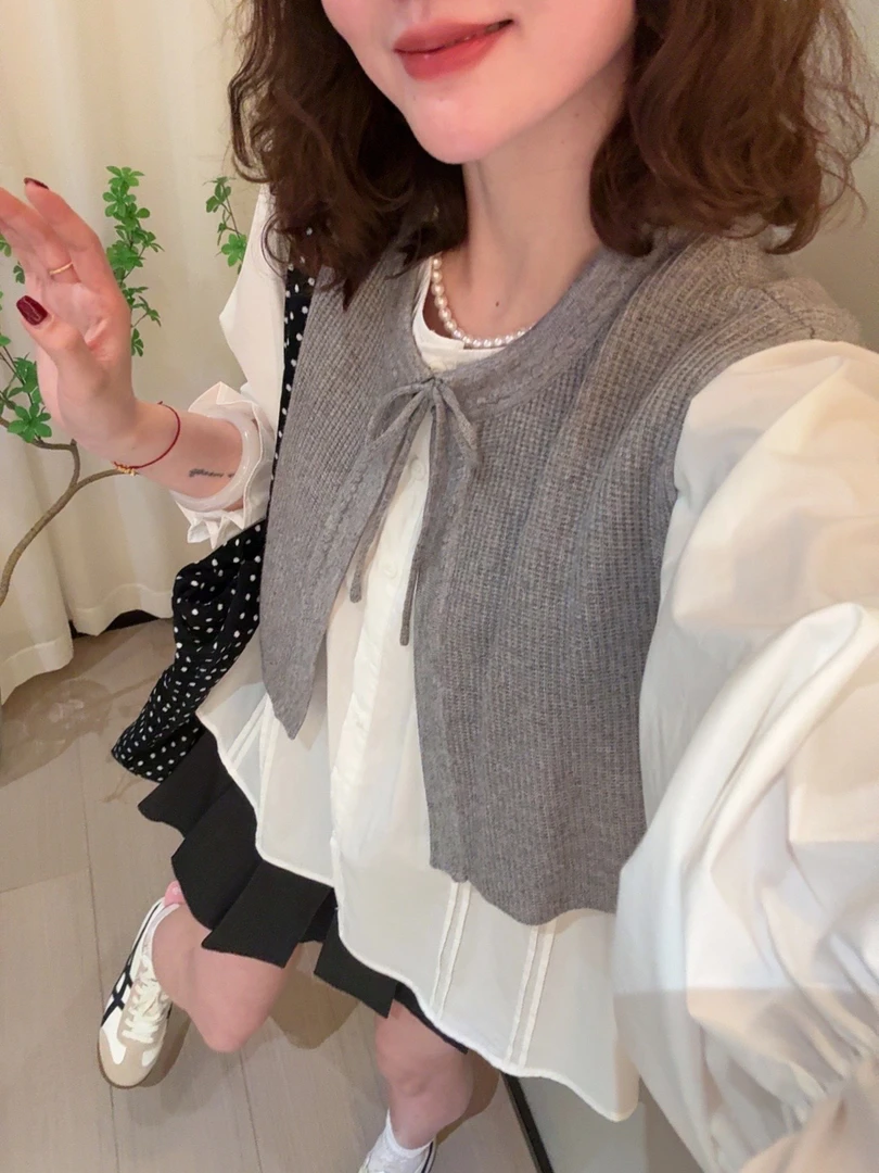 老赵服饰 衬衫上衣➕针织系带马甲两件套套装 21AU3275