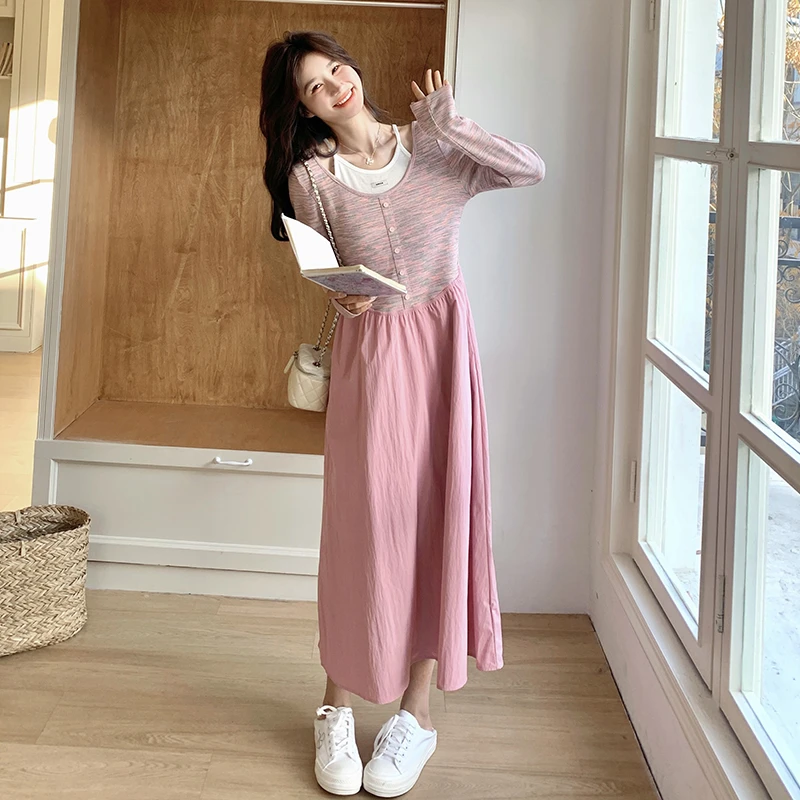 粉色减龄拼接连衣裙女春季2025新款韩系小个子时尚收腰显瘦A字裙