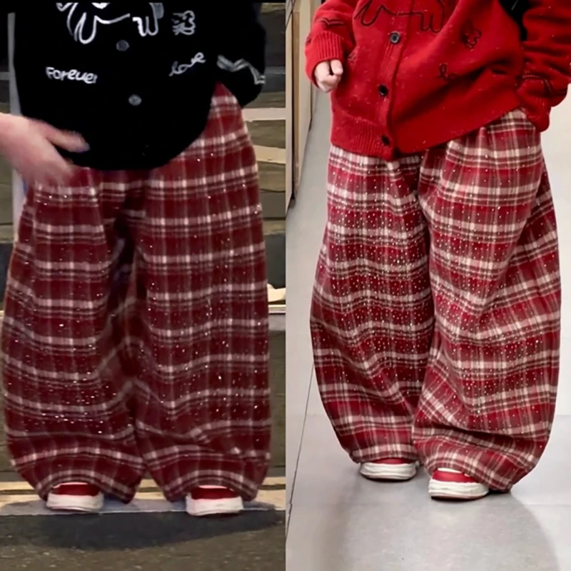Jimmy妈童装【满天星钻】冬季新款儿童红色格子闪闪加绒弯刀裤长裤