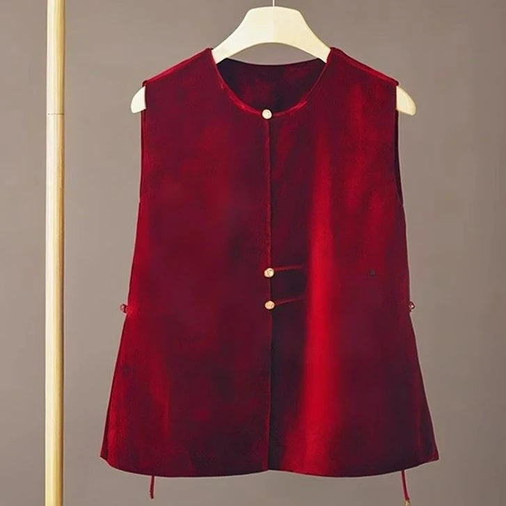 4805#新年战袍新中式国风小个子独特漂亮红色丝绒马甲背心上衣