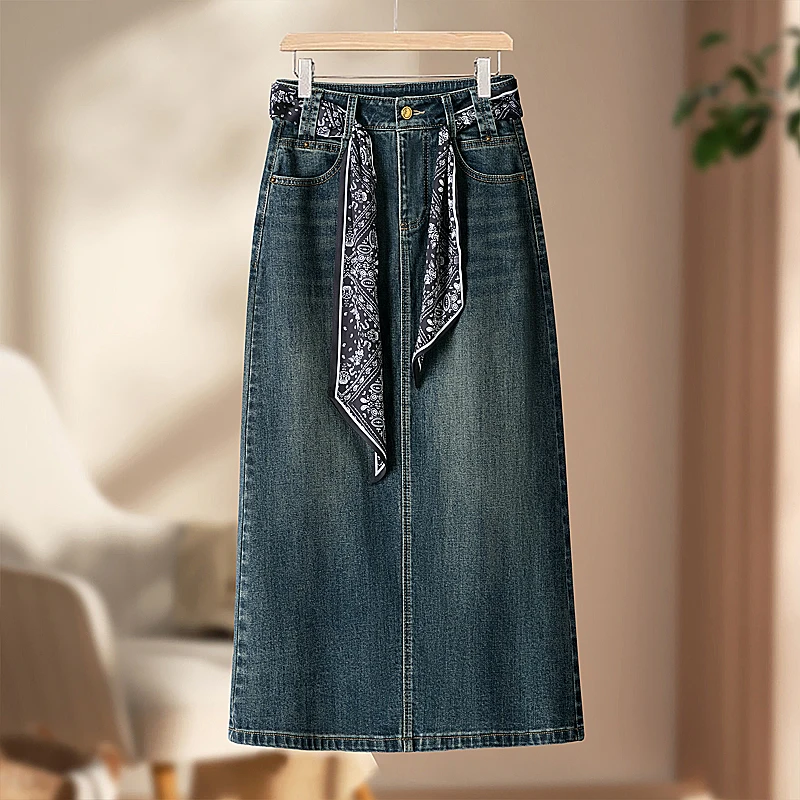 复古牛仔半身裙女2025秋季新款高腰显瘦Aa字开叉中长款一步包臀裙