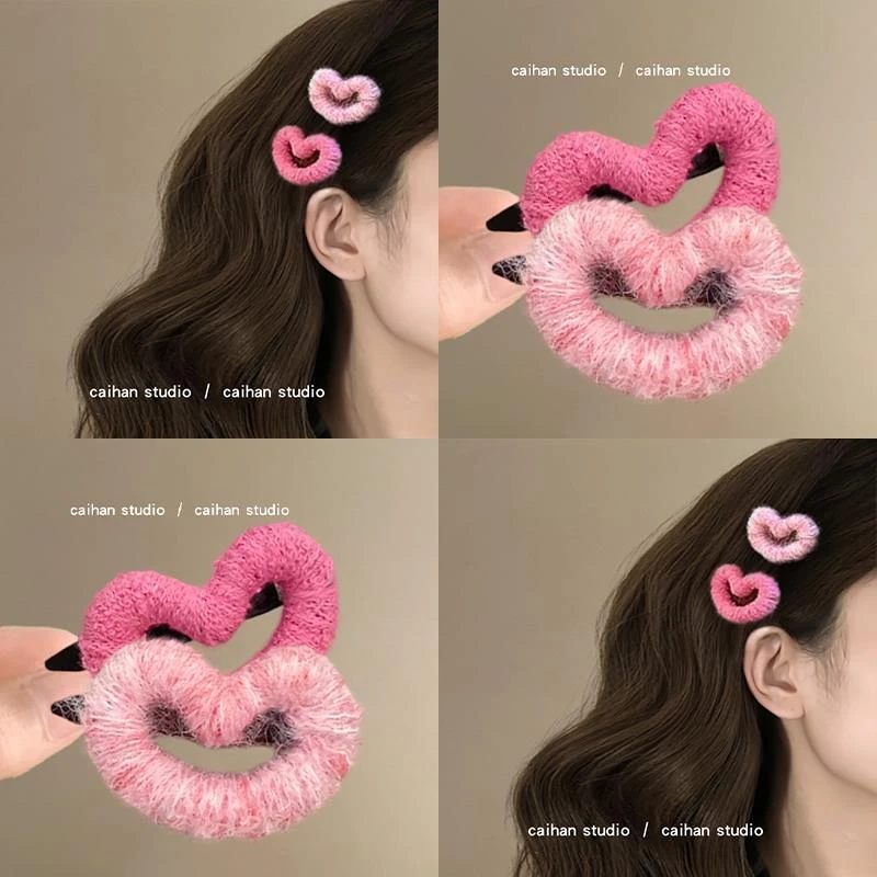 蜜桃爱恋~毛线爱心发夹覆古秋冬2025新款缠绕刘海碎发夹旅行发饰