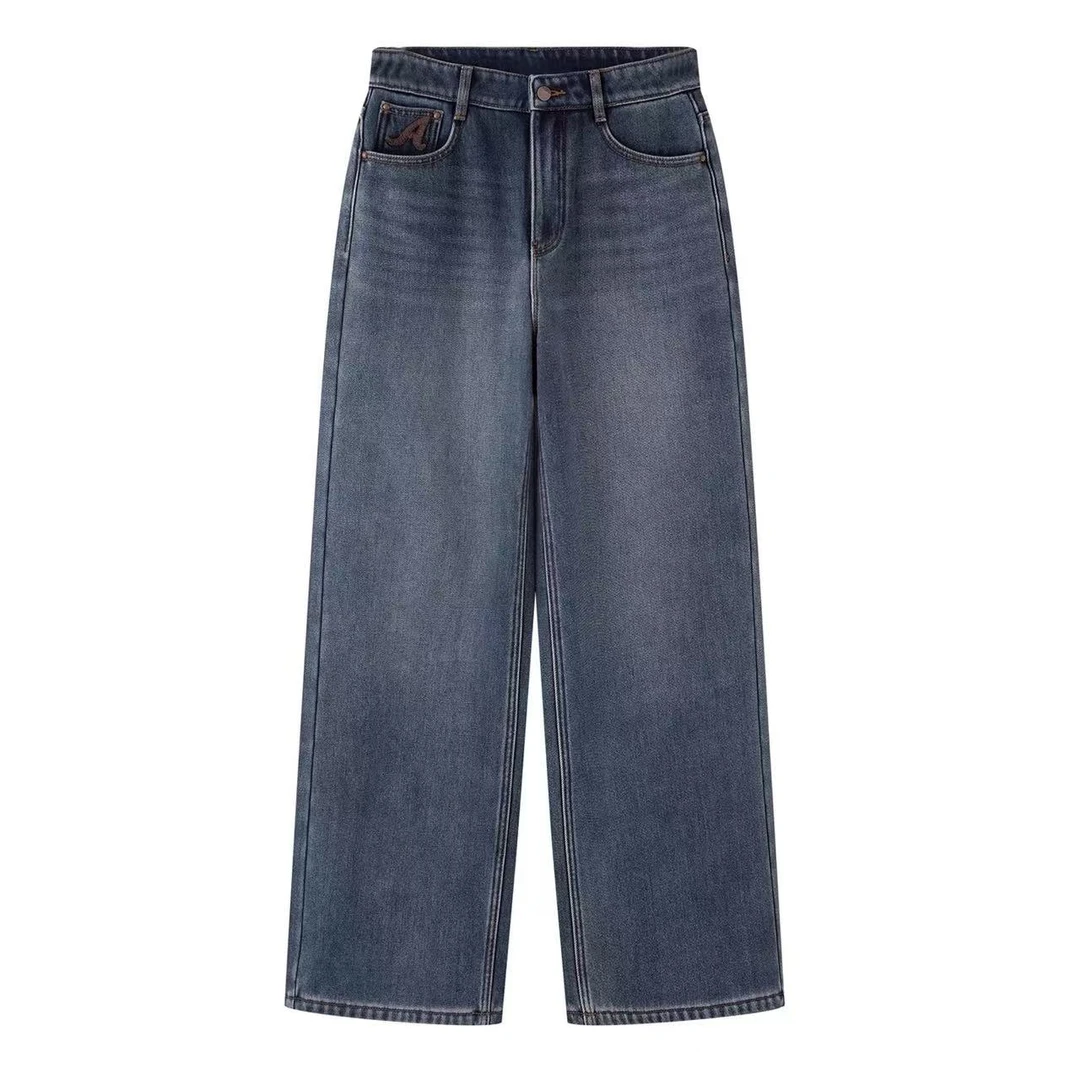 艾家2025冬季新款高腰百搭直筒加绒牛仔裤女324024