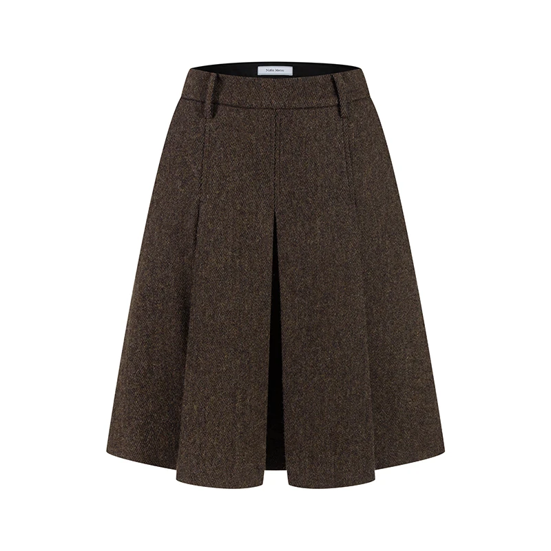 澳洲暖阳 暖棕斜纹肌理A字百褶裙复古显瘦毛呢半身裙