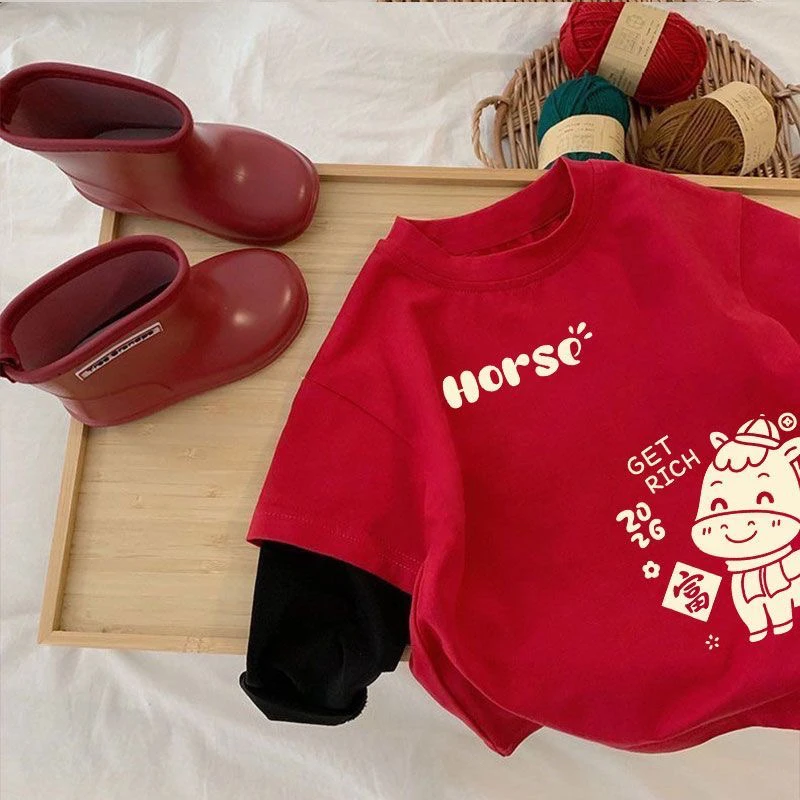 纯棉男童假两件长袖t恤儿童春秋季红色上衣中小童女宝宝外穿打底t