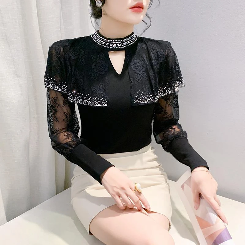 2025秋季新款重工烫钻个性修身显瘦打底衫蕾丝长袖潮洋气拼接上衣