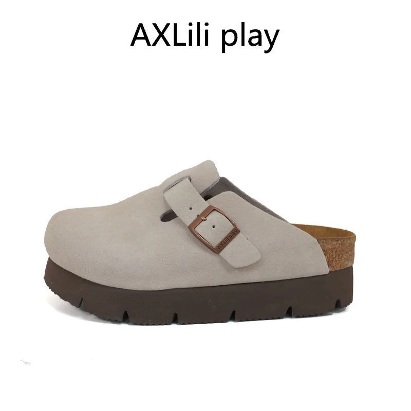 AXILILIPLAY 软木新款勃肯半拖厚底单鞋女反绒简约时尚潮通用灰色