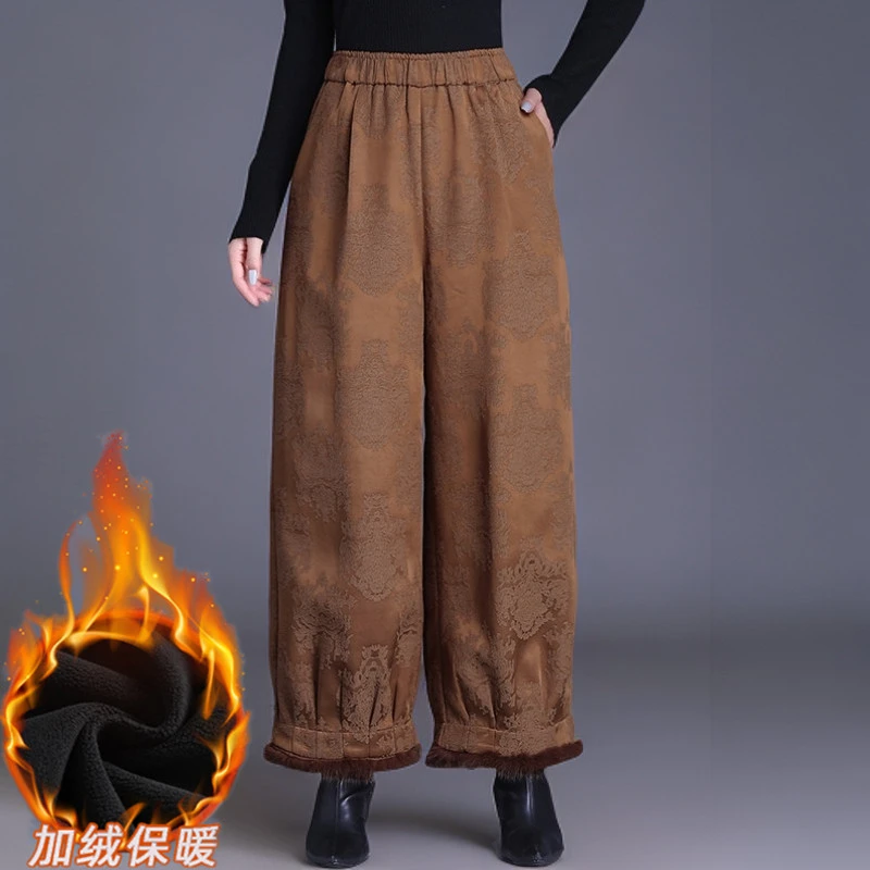 水貂毛人丝提花秋冬加绒加厚窄版直筒裤女秋冬保暖显瘦时尚九分裤