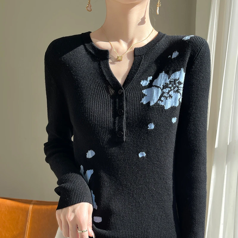 春秋新款精纺纯羊毛衫针织毛衣女圆领拼色提花上衣宽松百搭打底衫