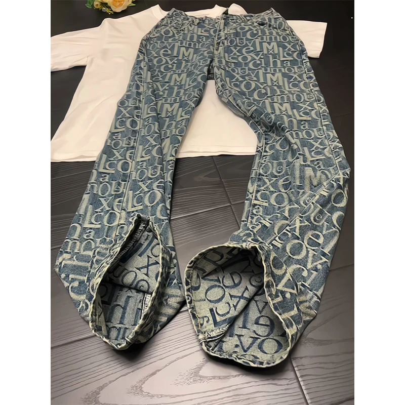 浅蓝色满印提花牛仔裤男款夏季美式潮牌vibe风裤子宽松直筒微喇裤