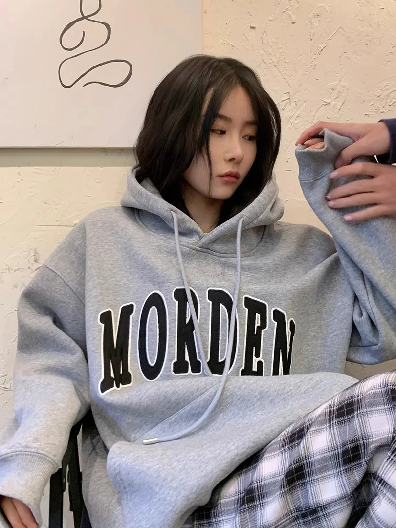 2025春秋季字母印花韩版连帽长袖卫衣女宽松百搭复古加绒上衣女潮