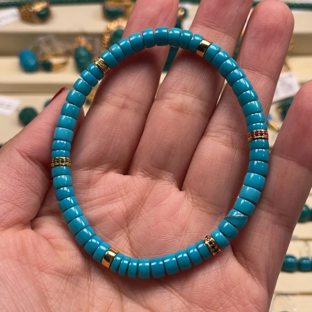 18K金镶嵌绿松石珠宝奇石药片手串尺寸5.3