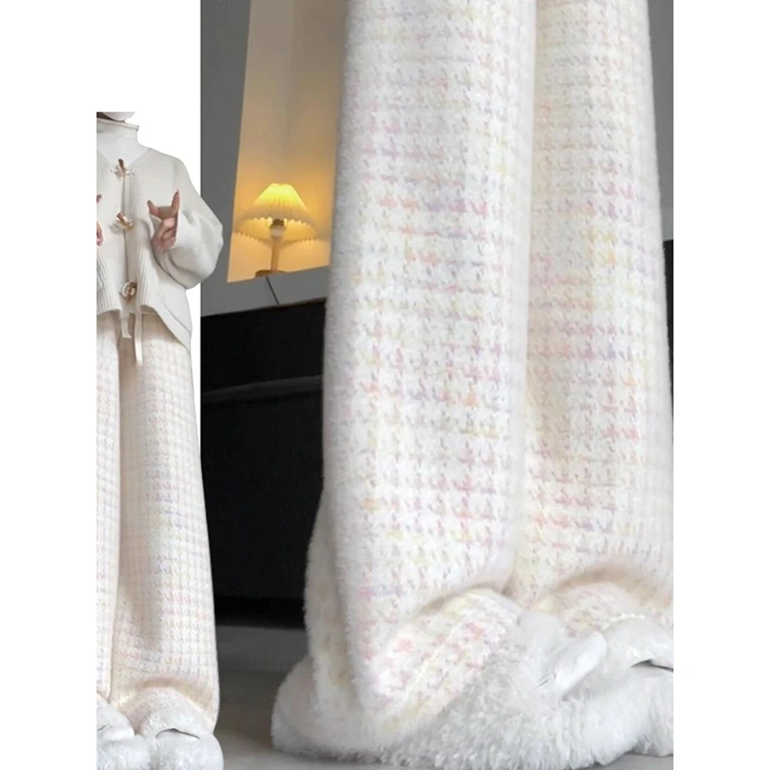 特大码300斤韩系千鸟格粉色休闲裤女秋冬季软糯宽松显瘦阔腿长裤