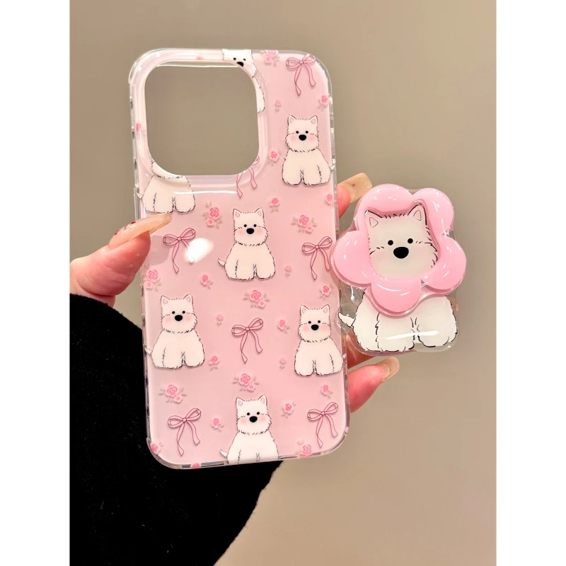 适用苹果iphone16promax粉色小狗15pro支架14pro花朵13可爱手机壳