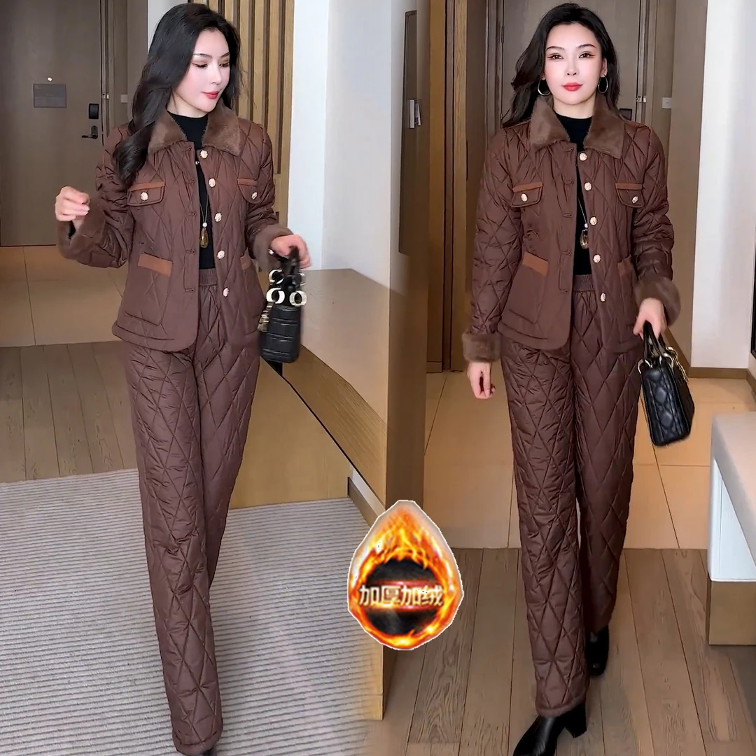 加绒加厚时尚棉服套装女秋冬新款气质高端翻领上衣直筒裤两件套潮