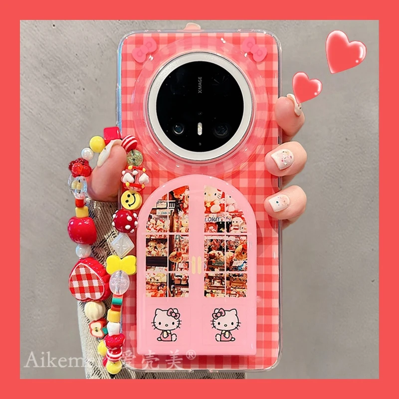 适用华为mate70pro+手机壳可爱卡通mate60pro窗户Kitty猫镜子支架