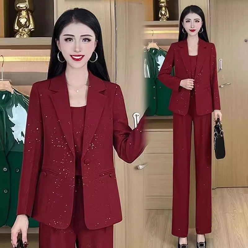 西装套装女2025春季新款气质高级感时尚外套吊带阔腿职业装三件套