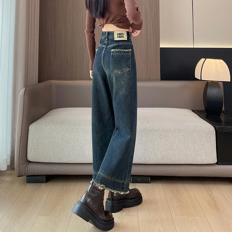 加绒复古直筒牛仔裤女春秋新款高腰宽松显瘦小个子九分毛边阔腿裤