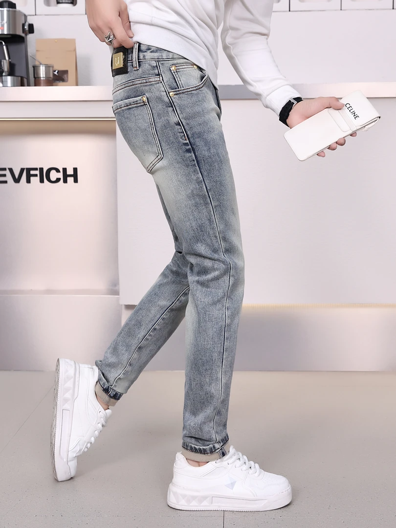 2025新款冬季加绒加厚保暖男士牛仔裤潮流弹力修身小脚裤时尚欧货