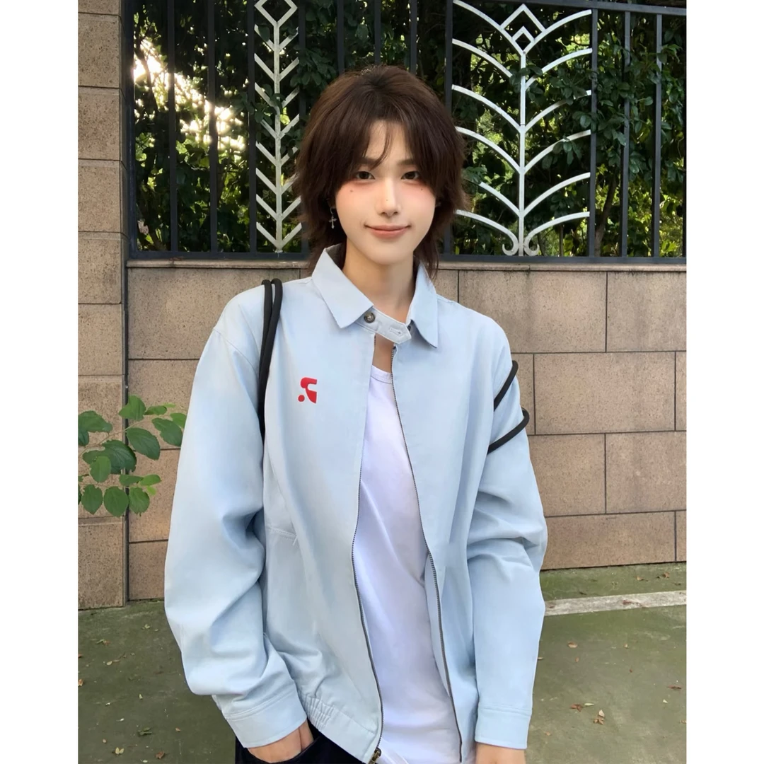 浅蓝色正肩短款外套男款秋季美式复古翻领棒球服cleanfit衬衫夹克