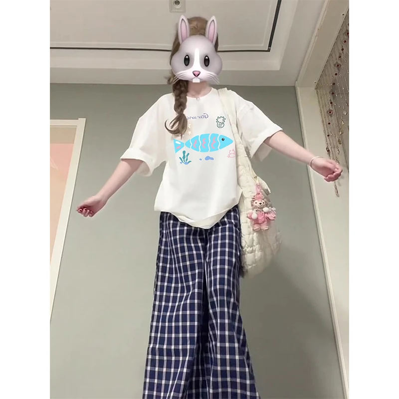 新款学院风可爱小鱼印花纯棉短袖T恤女2025宽松慵懒风减龄上衣潮