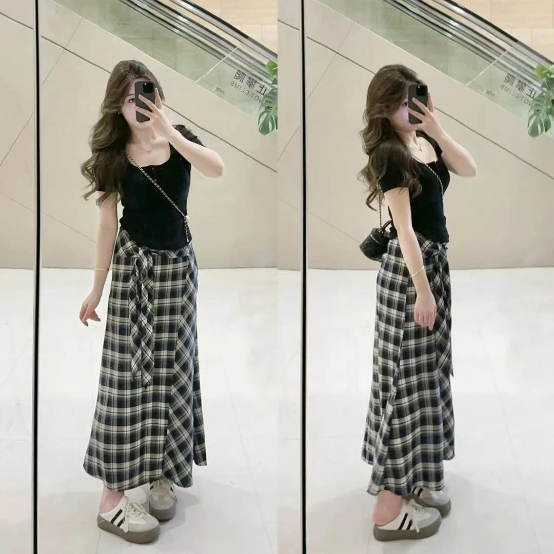 夏季新款小众设计纯色正肩揑褶收腰T恤上衣+不规则高腰格子长半裙
